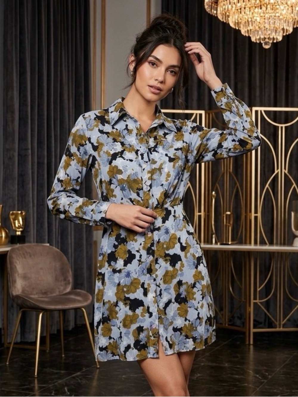 BCBGMaxAzria Blue and Olive Floral Long-Sleeve Shirt Dress